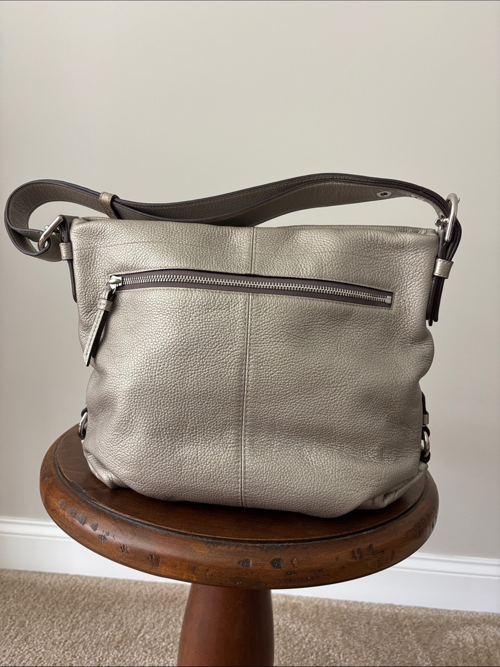 Coach Metallic Pebbled Leather Shoulder Bag in Taupe